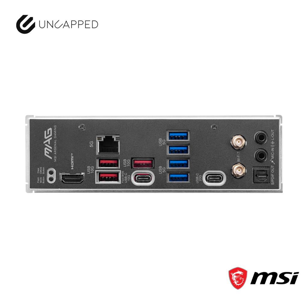 Back panel of a computer case with various ports on a white background, featuring the MSI logo.